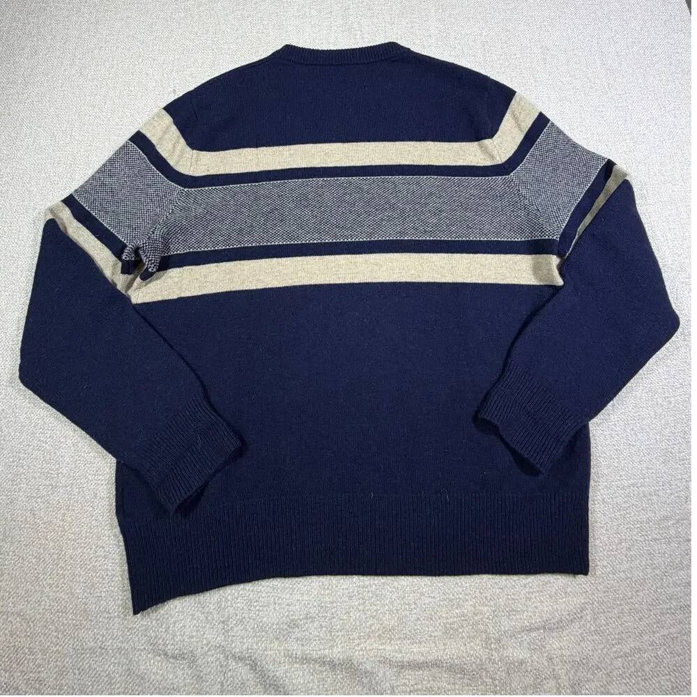 J Crew Men Large Blue Tan Rugged Merino Wool Blend Long Sleeve Preppy Sweater